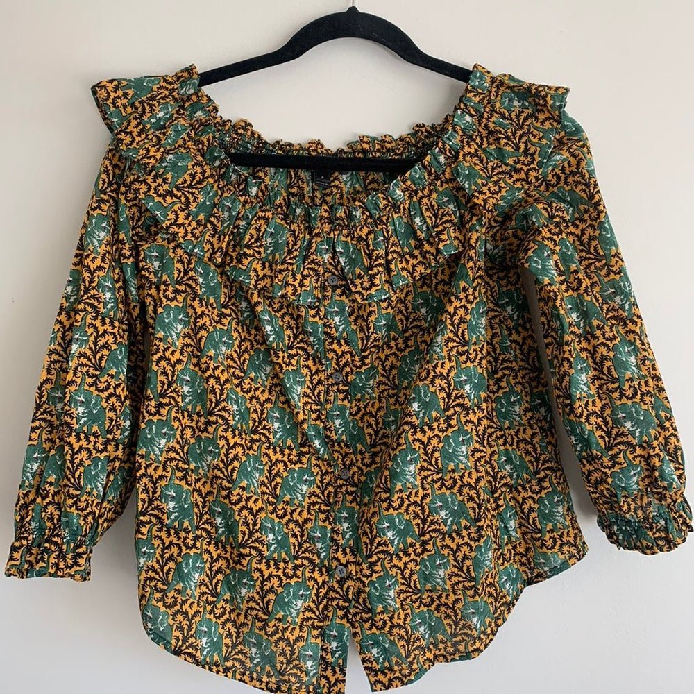 Womens J Crew Yellow Green Elephant Print Off Shoulder Peasant Blouse Top Shirt